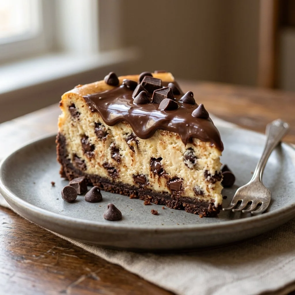 Decadent Chocolate Chip Cheesecake topped with chocolate chips and a graham cracker crust