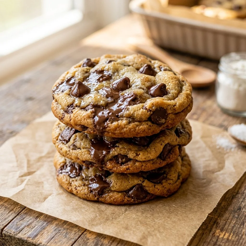 Freshly baked chocolate chip cookies on a cooling rack