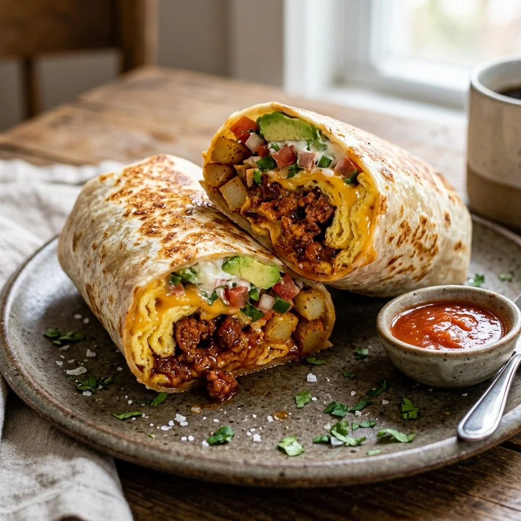 Delicious chorizo breakfast burrito with eggs and toppings