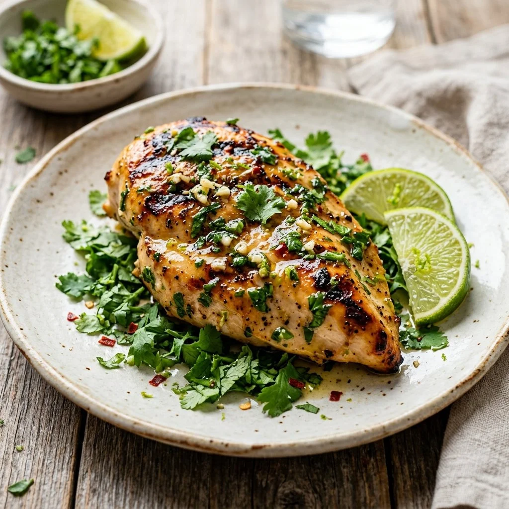 Grilled Cilantro Lime Chicken garnished with fresh cilantro and lime wedges