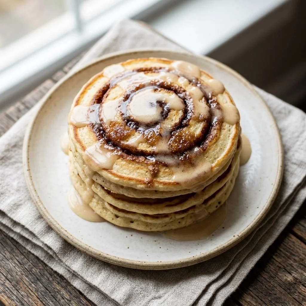 Fluffy cinnamon roll pancakes topped with cream cheese frosting and cinnamon swirl