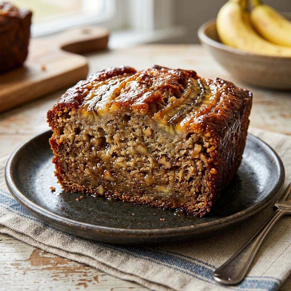 Sliced classic banana bread on a wooden cutting board