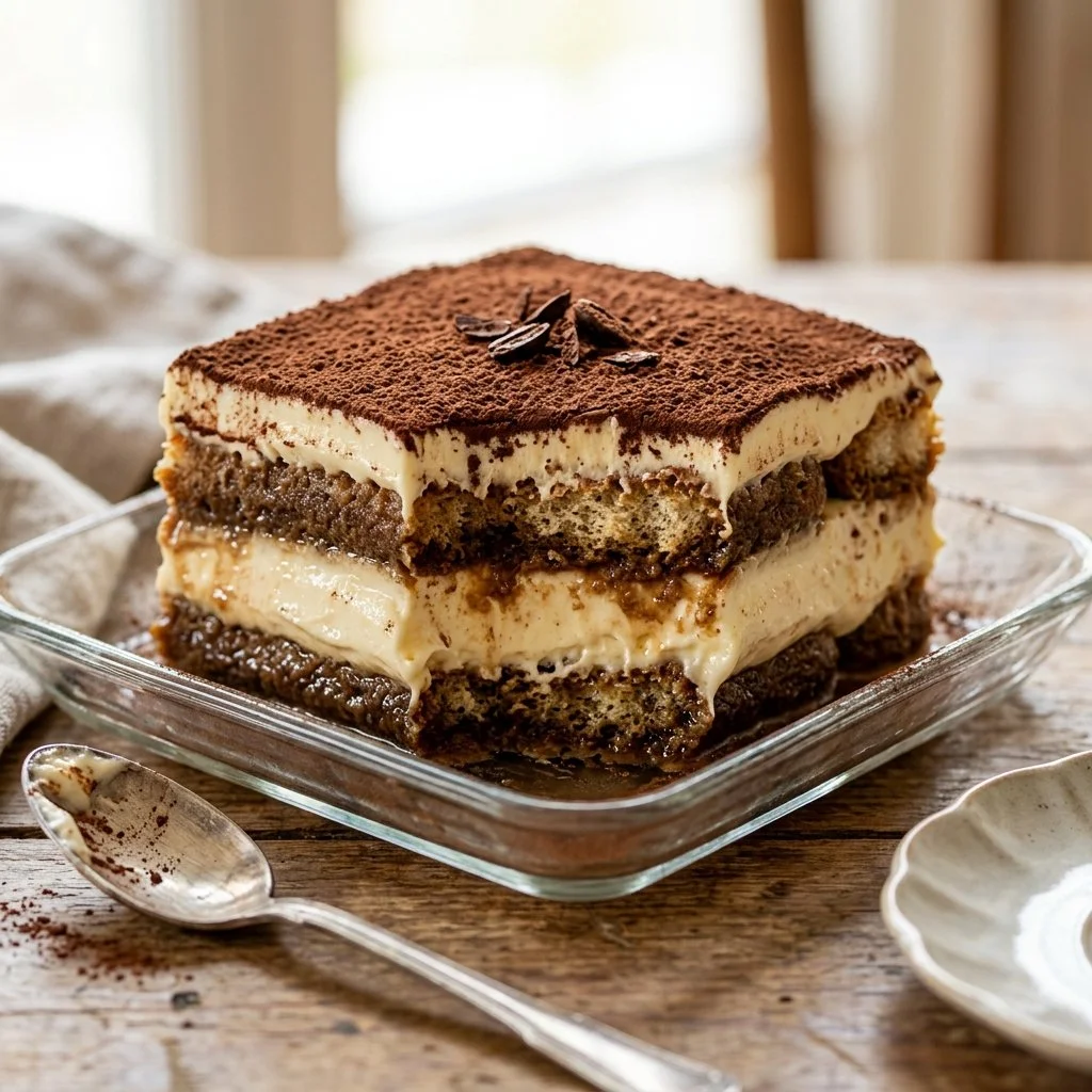 Delicious classic tiramisu dessert layered with coffee-soaked ladyfingers and mascarpone.