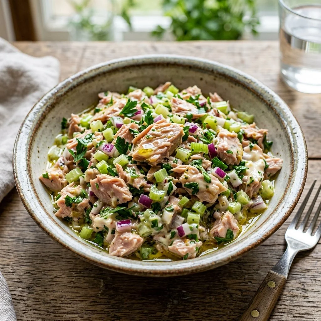 A bowl of classic tuna salad with celery, onions, and mayonnaise.