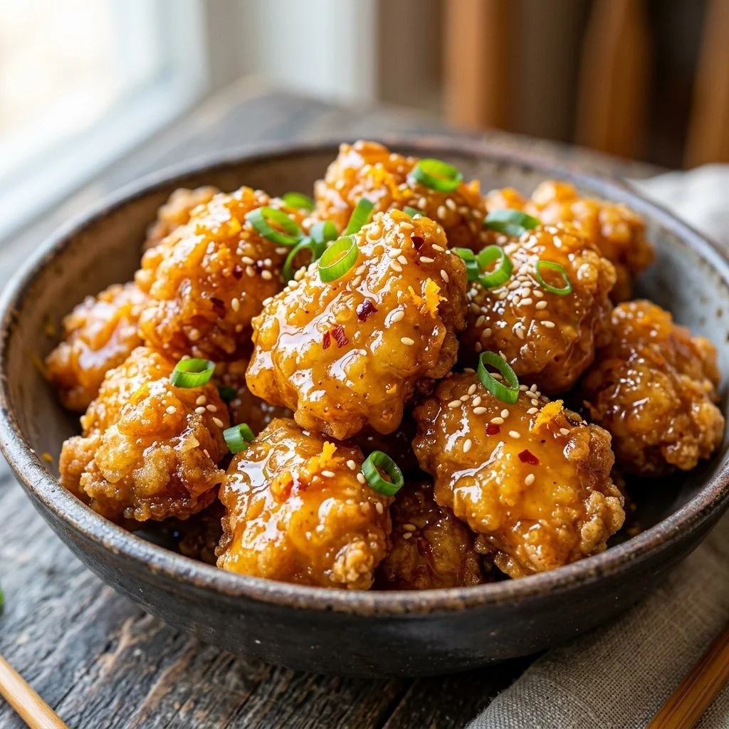 Delicious copycat orange chicken served over rice with garnishes.