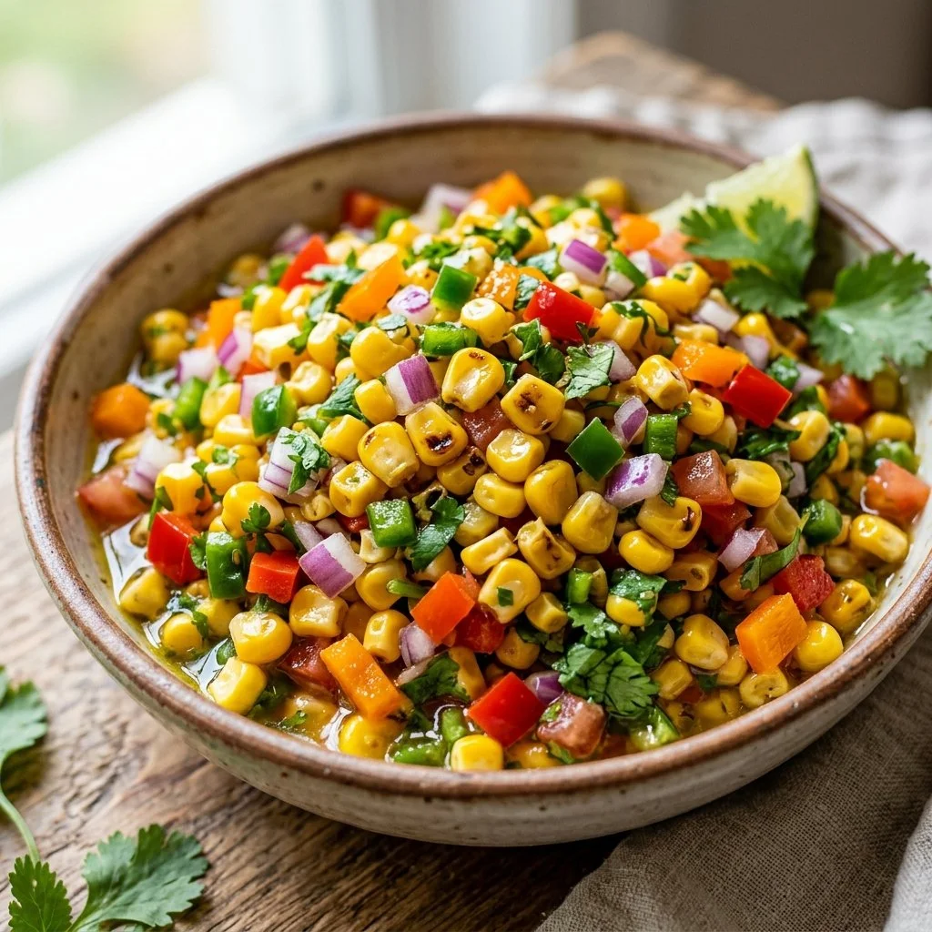Delicious corn salsa served in a bowl with ingredients visible