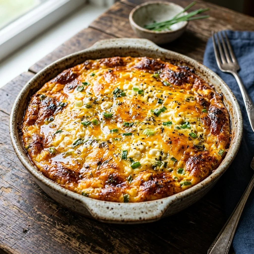 Delicious Cottage Cheese Egg Bake topped with herbs and veggies