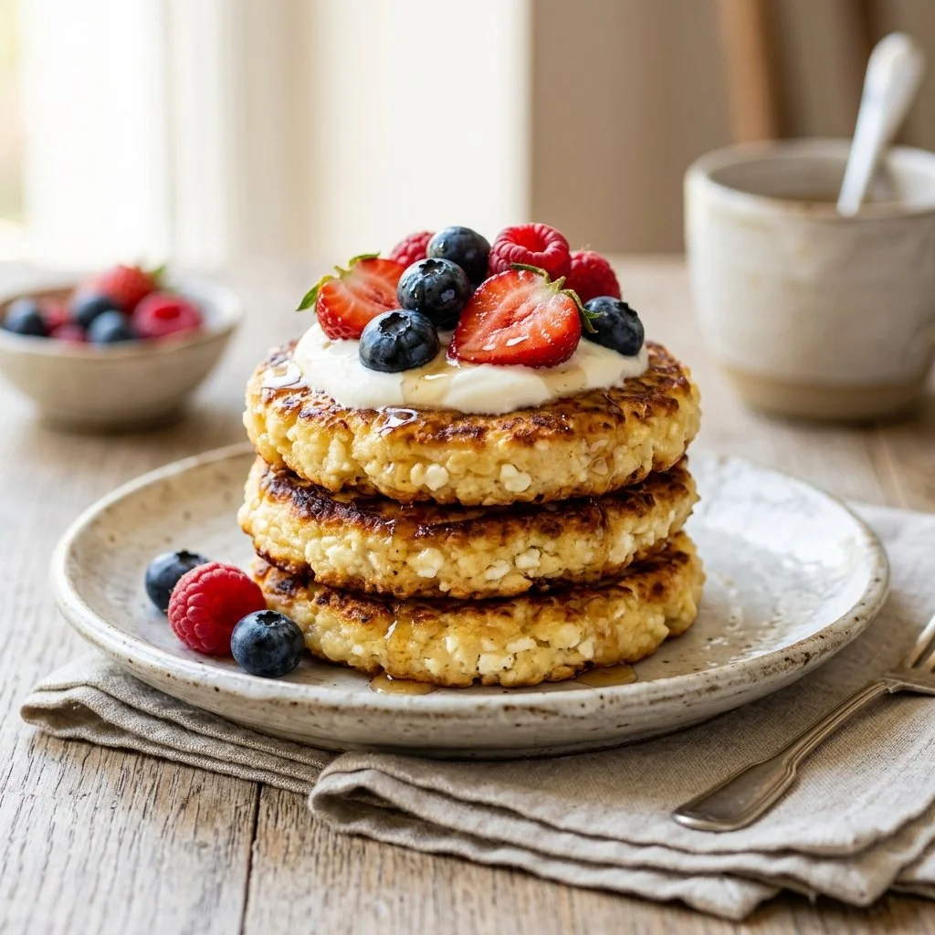 Fluffy cottage cheese pancakes served on a plate with syrup and berries