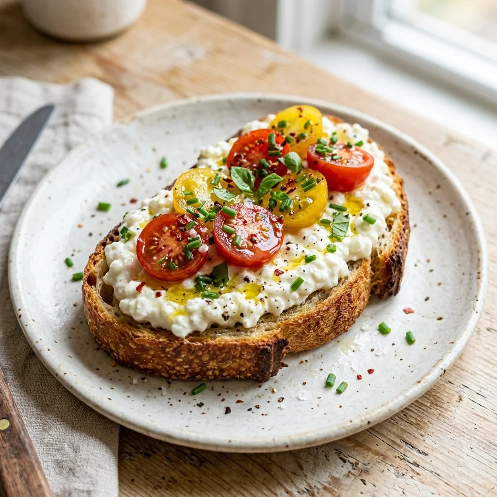 A delicious slice of toast topped with cottage cheese, tomatoes, and herbs.