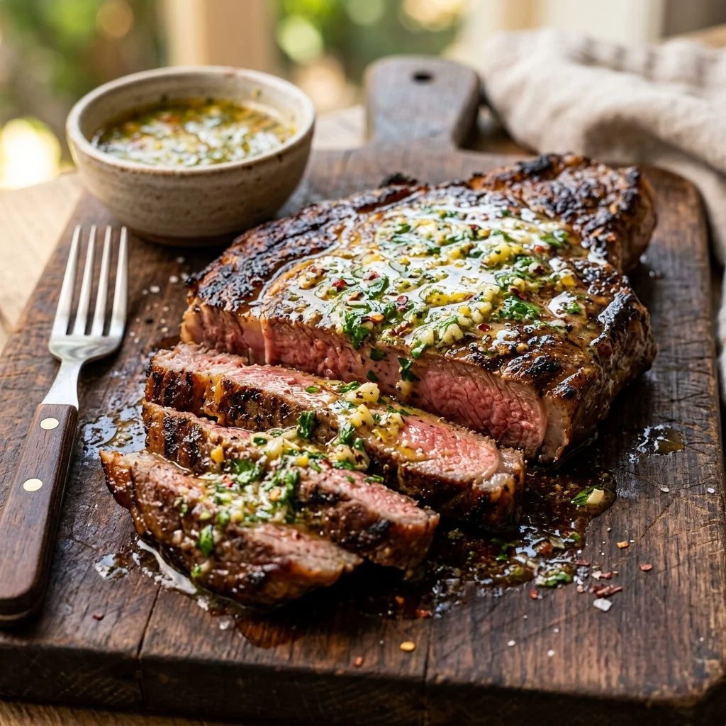 Delicious Cowboy Butter Steak served on a rustic wooden board with herbs.