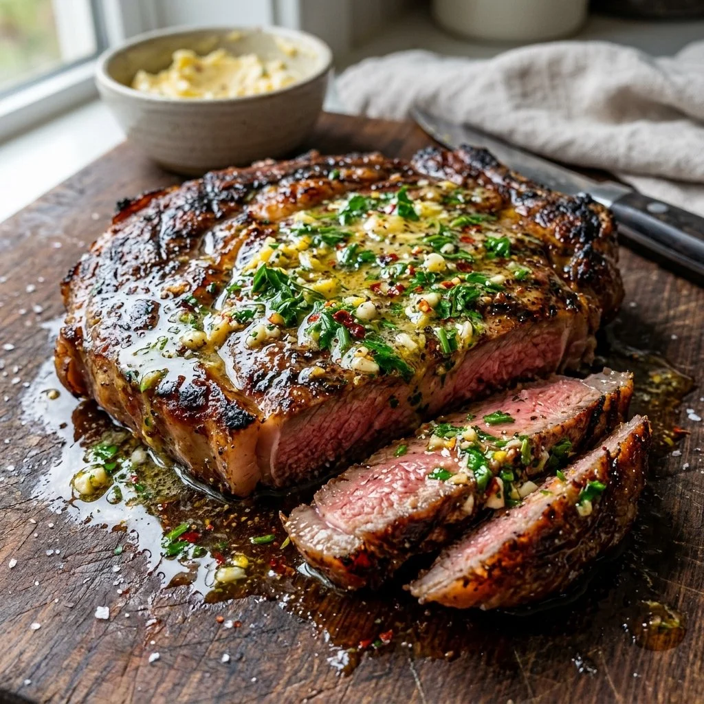 Juicy Cowboy Butter Steak with herb-infused butter melting on top.