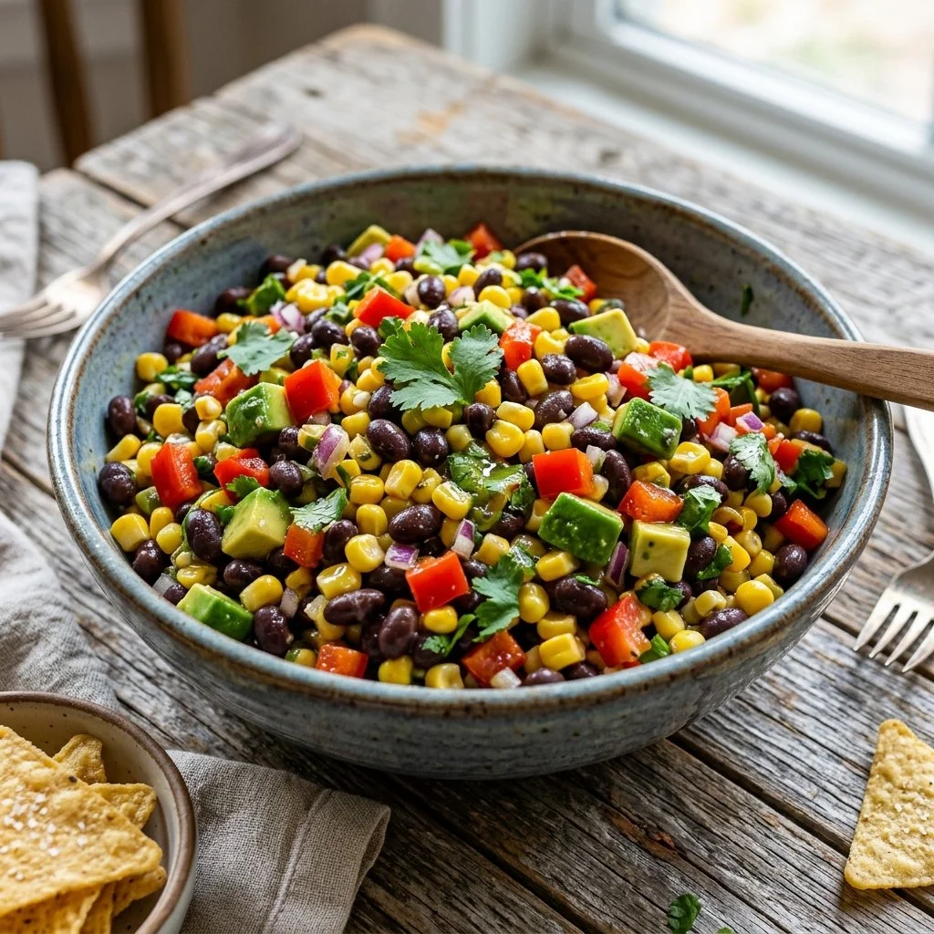 Bowl of colorful Cowboy Caviar salad with black beans and corn
