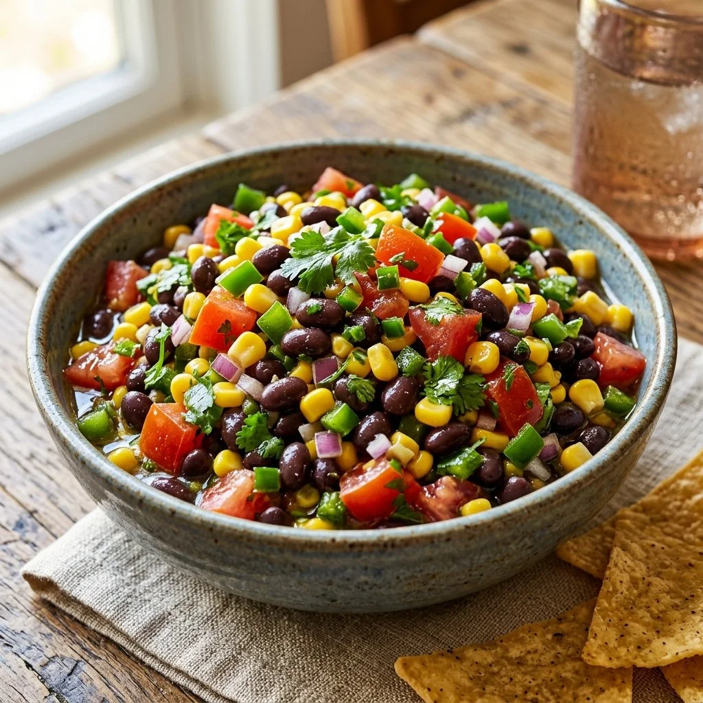 Colorful bowl of Cowboy Caviar salad with beans, corn, and vegetables