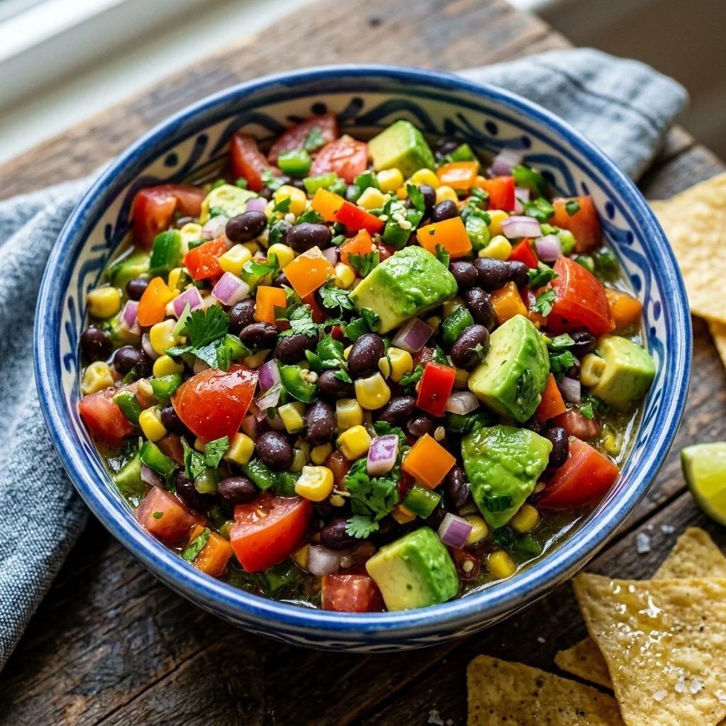 Bowl of vibrant Cowboy Caviar made with beans, corn, and vegetables