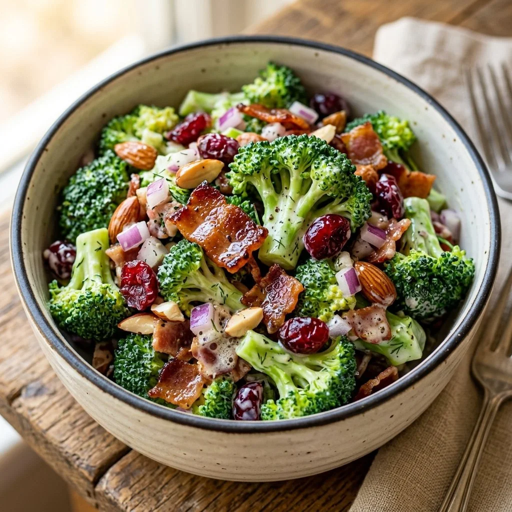 Creamy broccoli salad with fresh ingredients and a delicious dressing