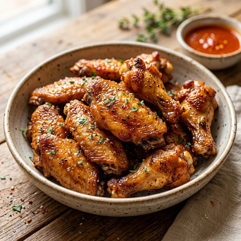 Plate of crispy baked chicken wings seasoned to perfection