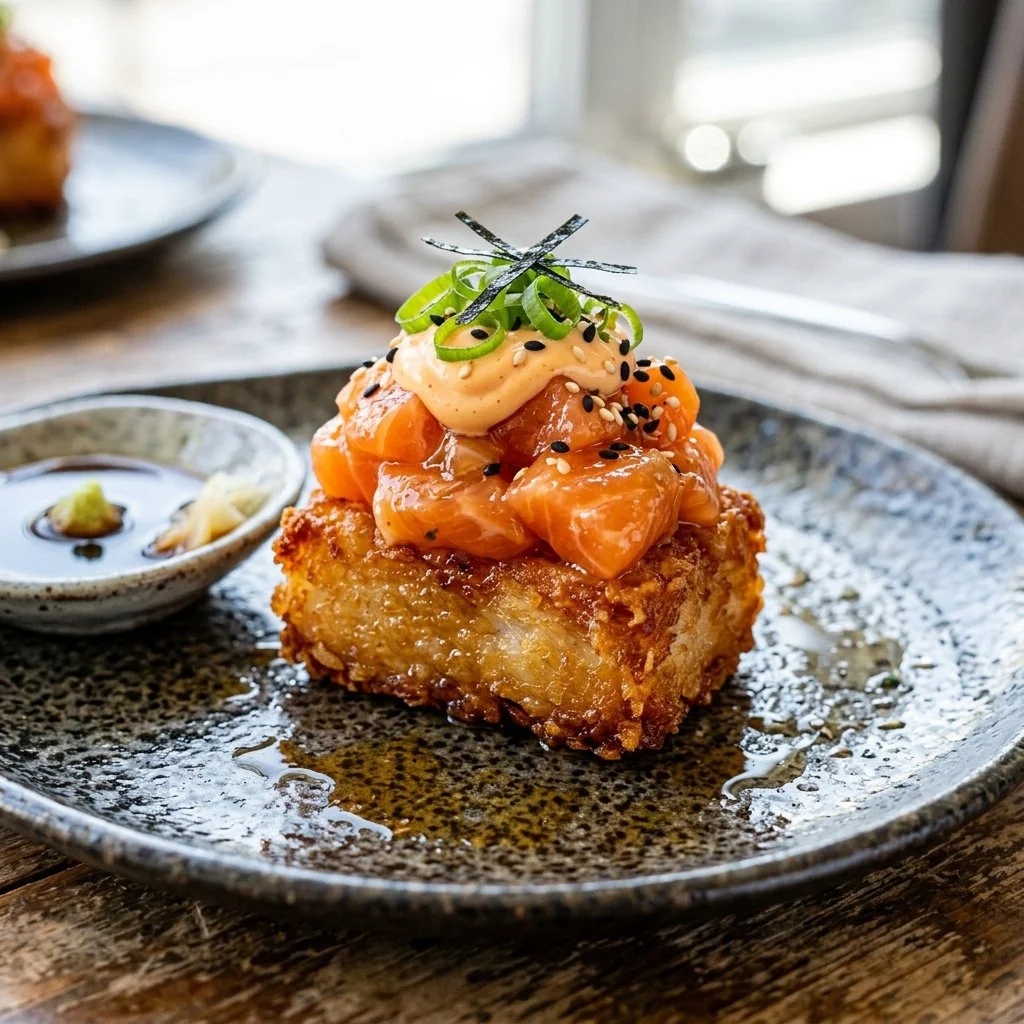 Plate of crispy rice salmon topped with fresh ingredients and garnished elegantly.