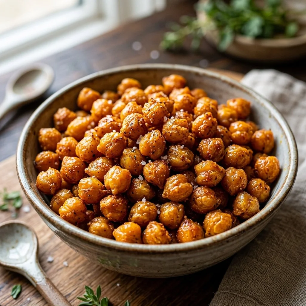 Bowl of crispy roasted chickpeas seasoned with spices