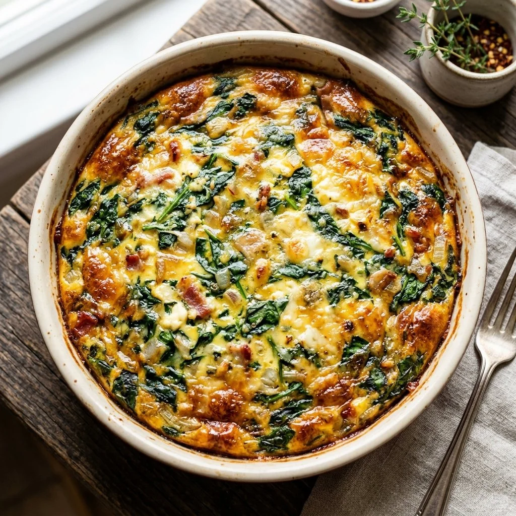 Delicious crustless spinach quiche served on a plate