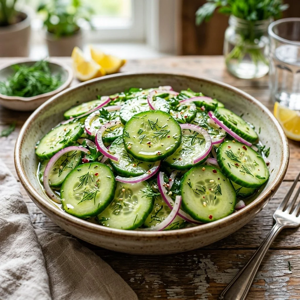 Fresh cucumber salad with herbs and dressing served in a bowl
