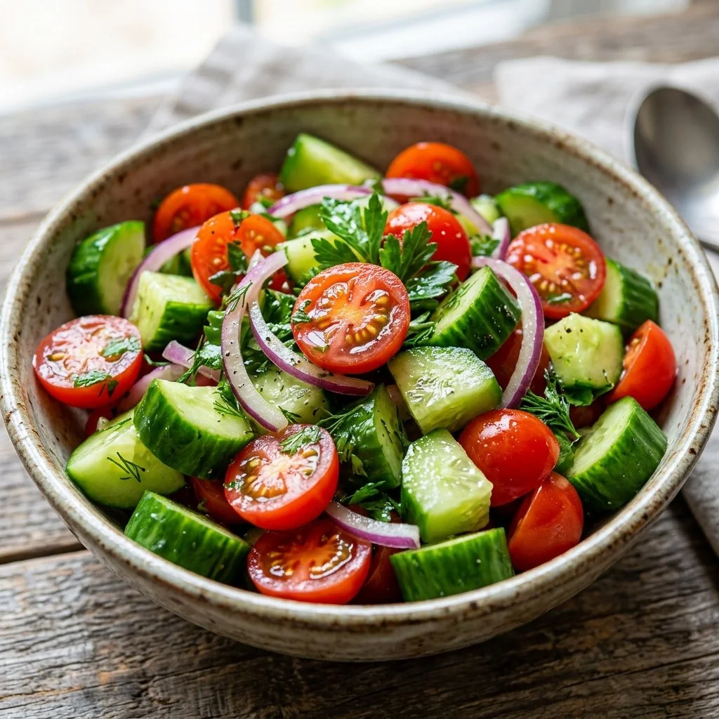 Fresh Cucumber Tomato Salad with herbs and dressing in a bowl