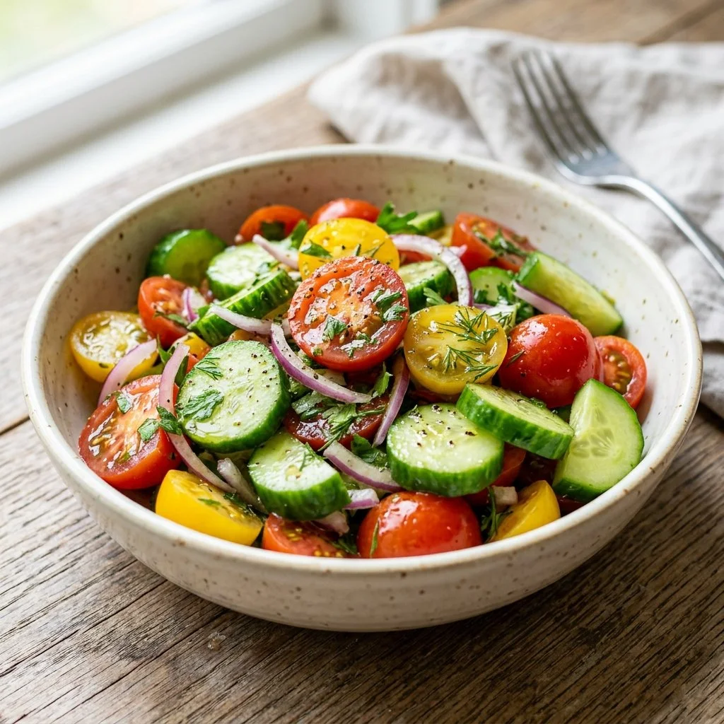 Fresh Cucumber Tomato Salad with herbs and dressing in a bowl