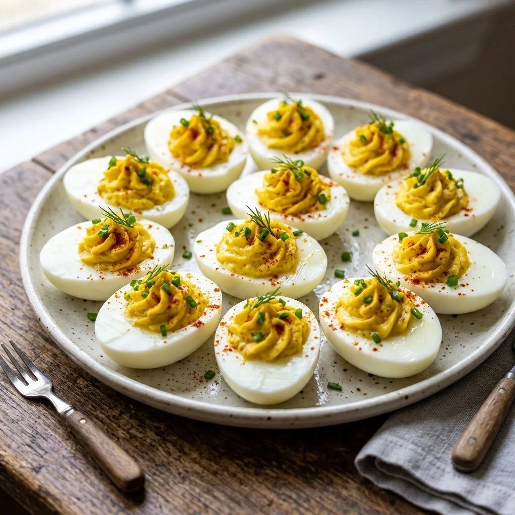 Delicious deviled eggs garnished with paprika on a platter