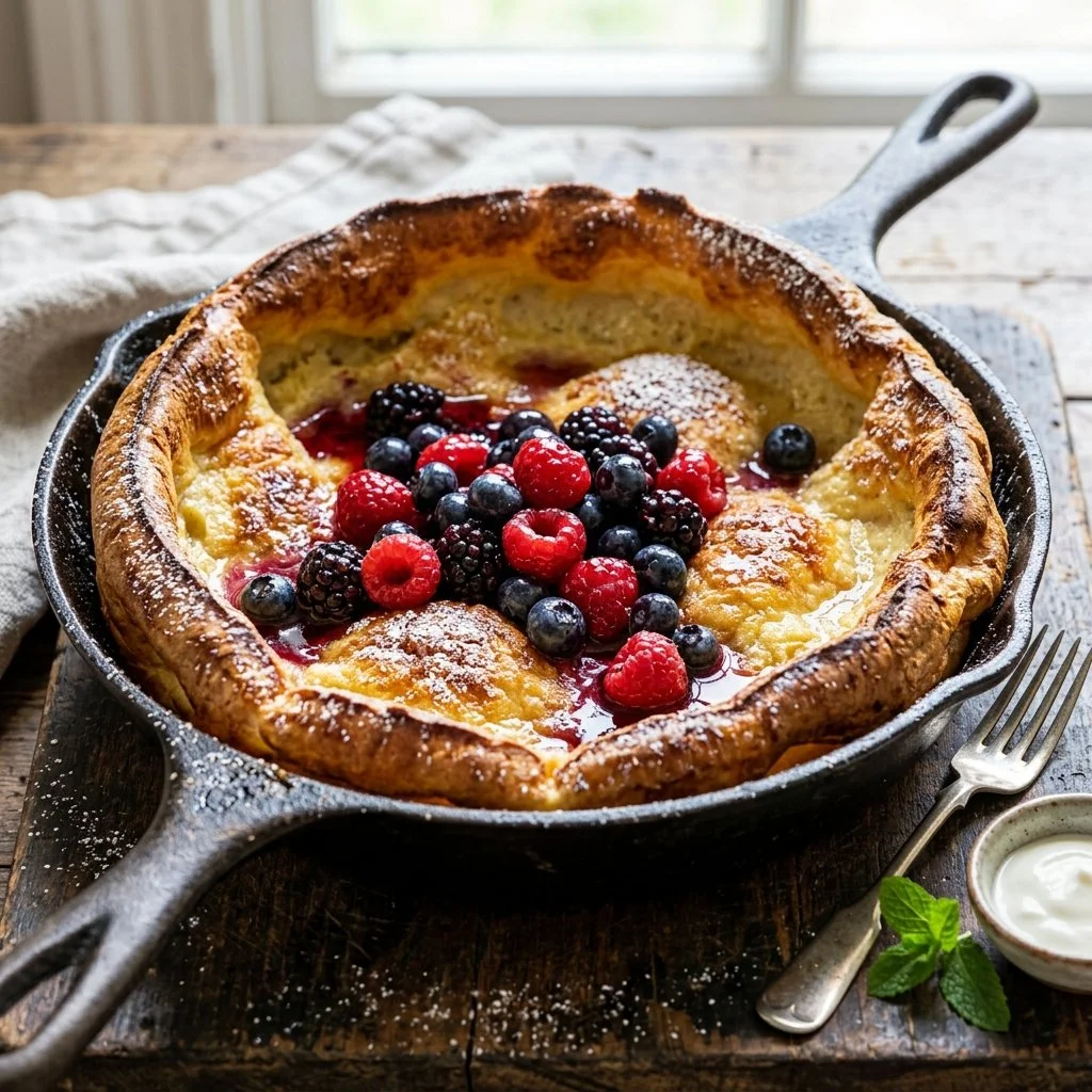 Fluffy and delicious Dutch Baby Pancake topped with fresh fruit and powdered sugar
