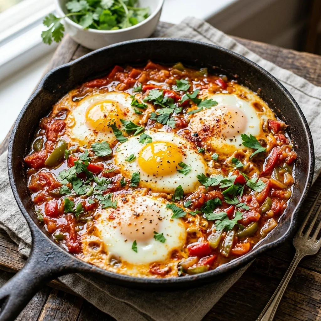 Delicious homemade Shakshuka served in a skillet with eggs and spices