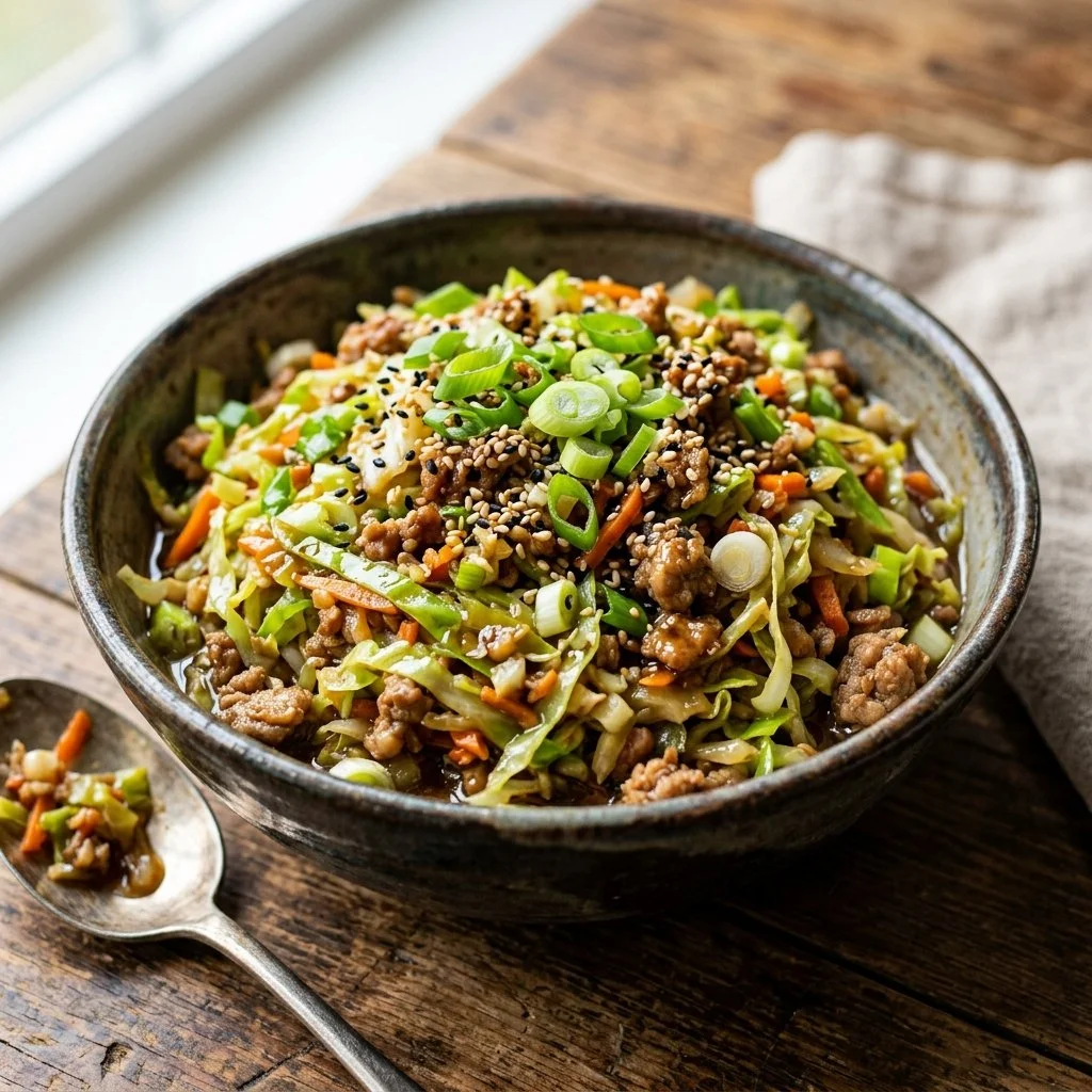 Healthy Egg Roll in a Bowl with fresh vegetables and savory flavors