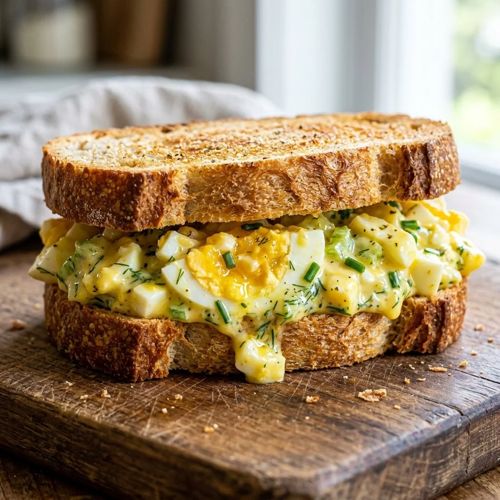 Delicious homemade egg salad sandwich on a plate with fresh herbs and vegetables