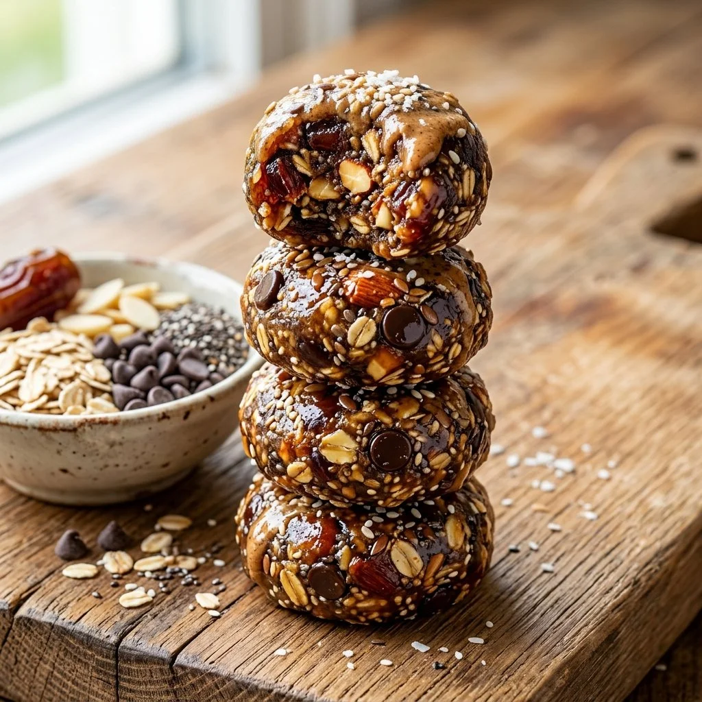 Assorted energy bites made from nuts, seeds, and dried fruits for a healthy snack