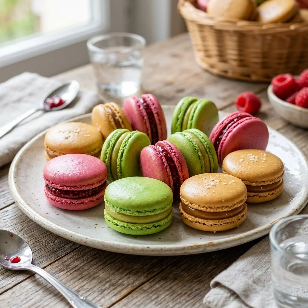 Assorted French Macarons in vibrant colors and flavors on a wooden table.