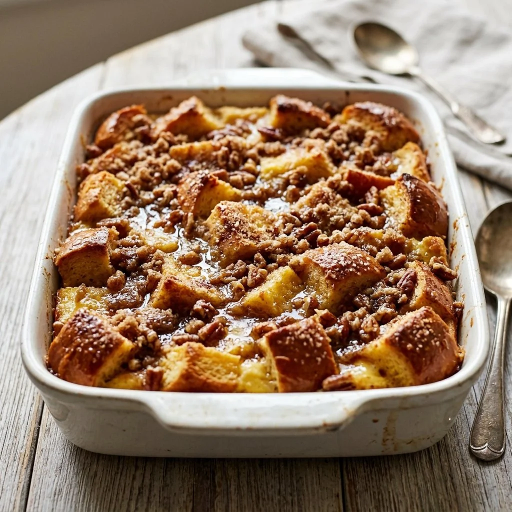Delicious French Toast Casserole baked with cinnamon and served with maple syrup.