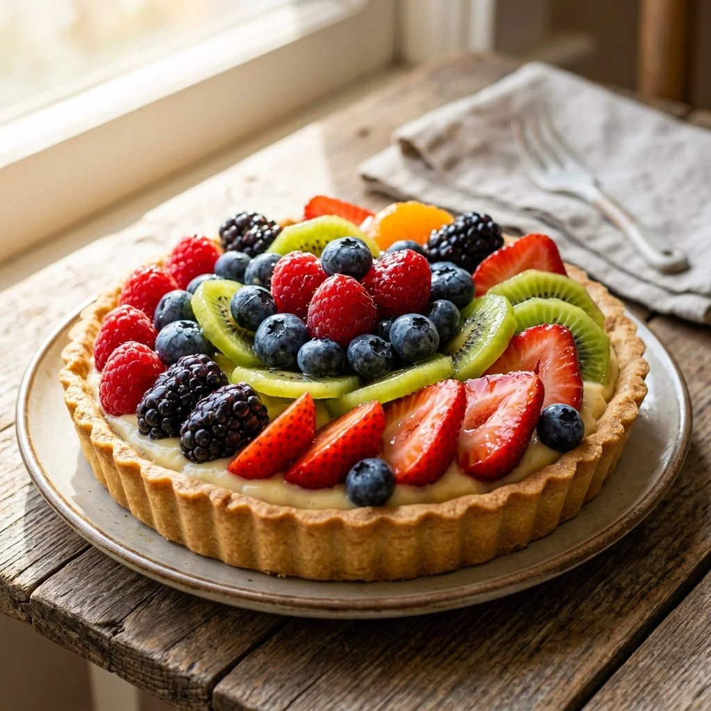 Fresh fruit tart topped with colorful seasonal fruits on a flaky crust