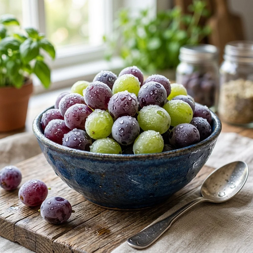 A bowl of frozen grapes, a refreshing and healthy snack option.