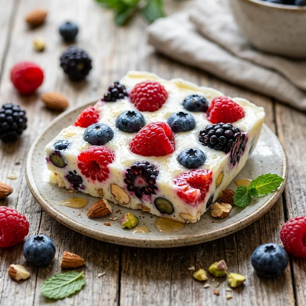 Delicious frozen yogurt bark topped with fruits and nuts, a healthy dessert option.