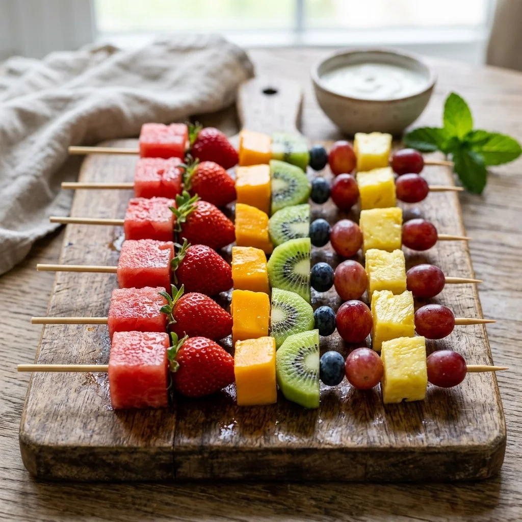 Colorful and fresh fruit kabobs arranged on a platter