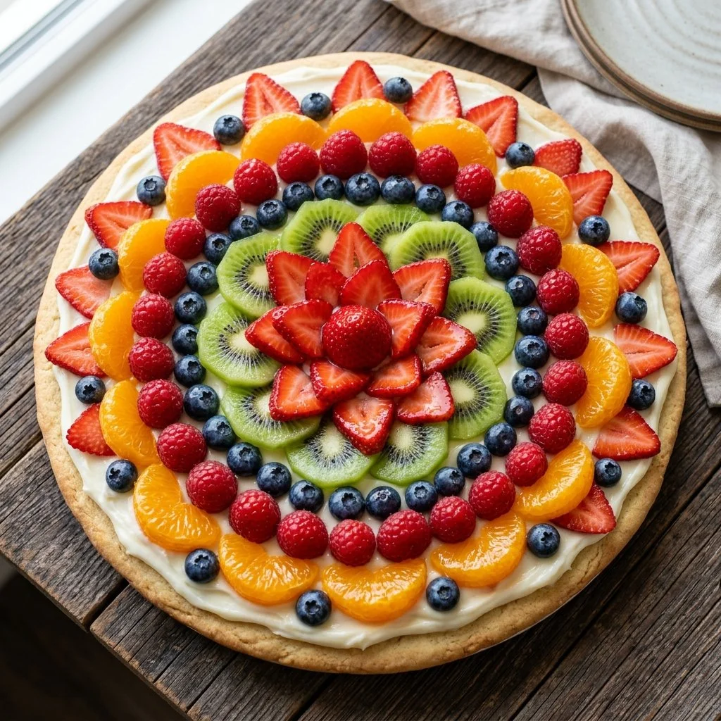 Colorful fruit pizza topped with fresh strawberries, blueberries, and kiwi slices.