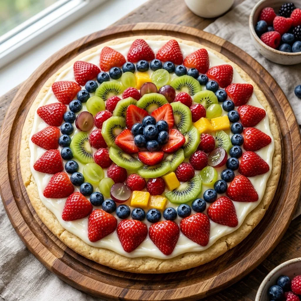 Colorful fruit pizza topped with fresh fruits and cream