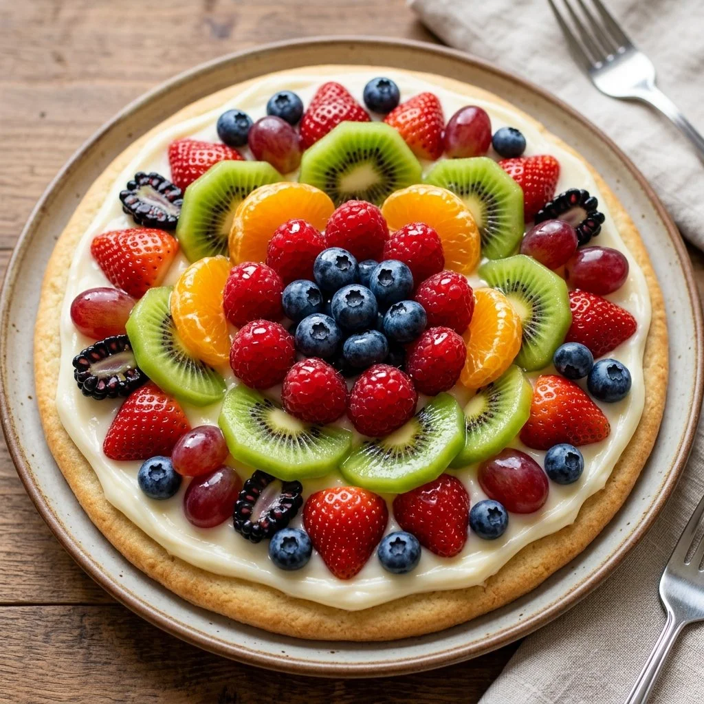 Colorful fruit pizza topped with strawberries, blueberries, and kiwi slices on a sweet crust.