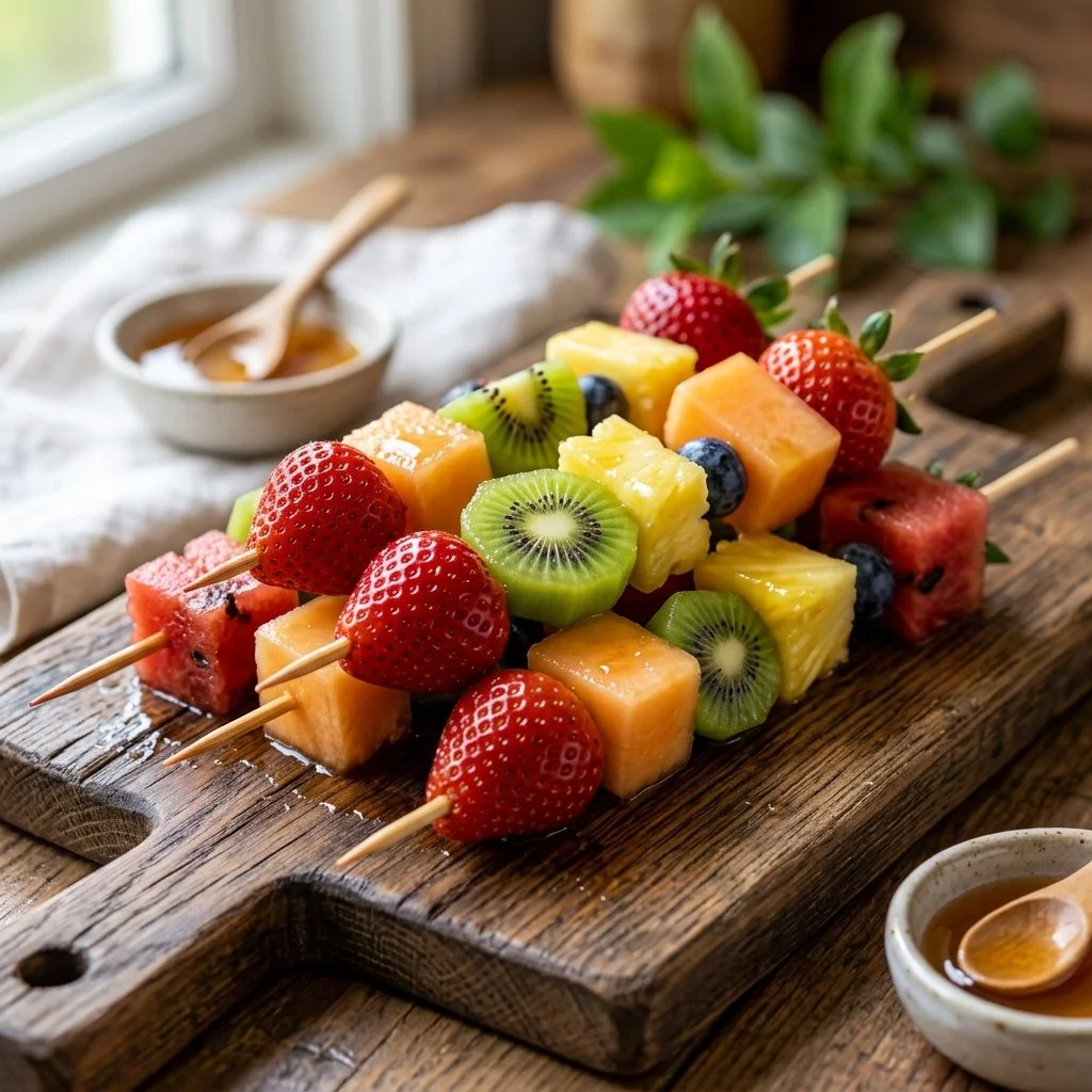 Colorful fruit skewers with assorted fruits on wooden sticks ready to serve.