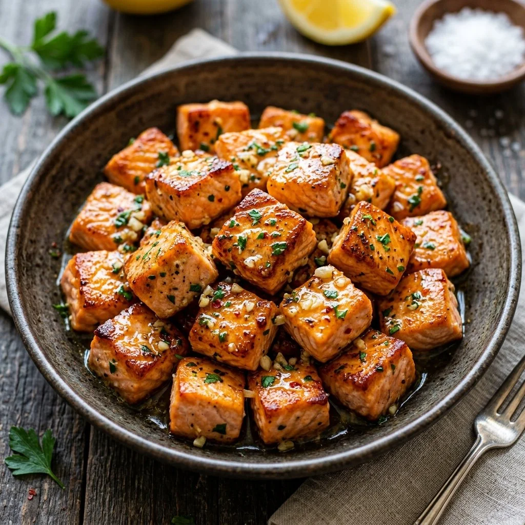 Garlic Butter Salmon Bites served on a plate with fresh herbs