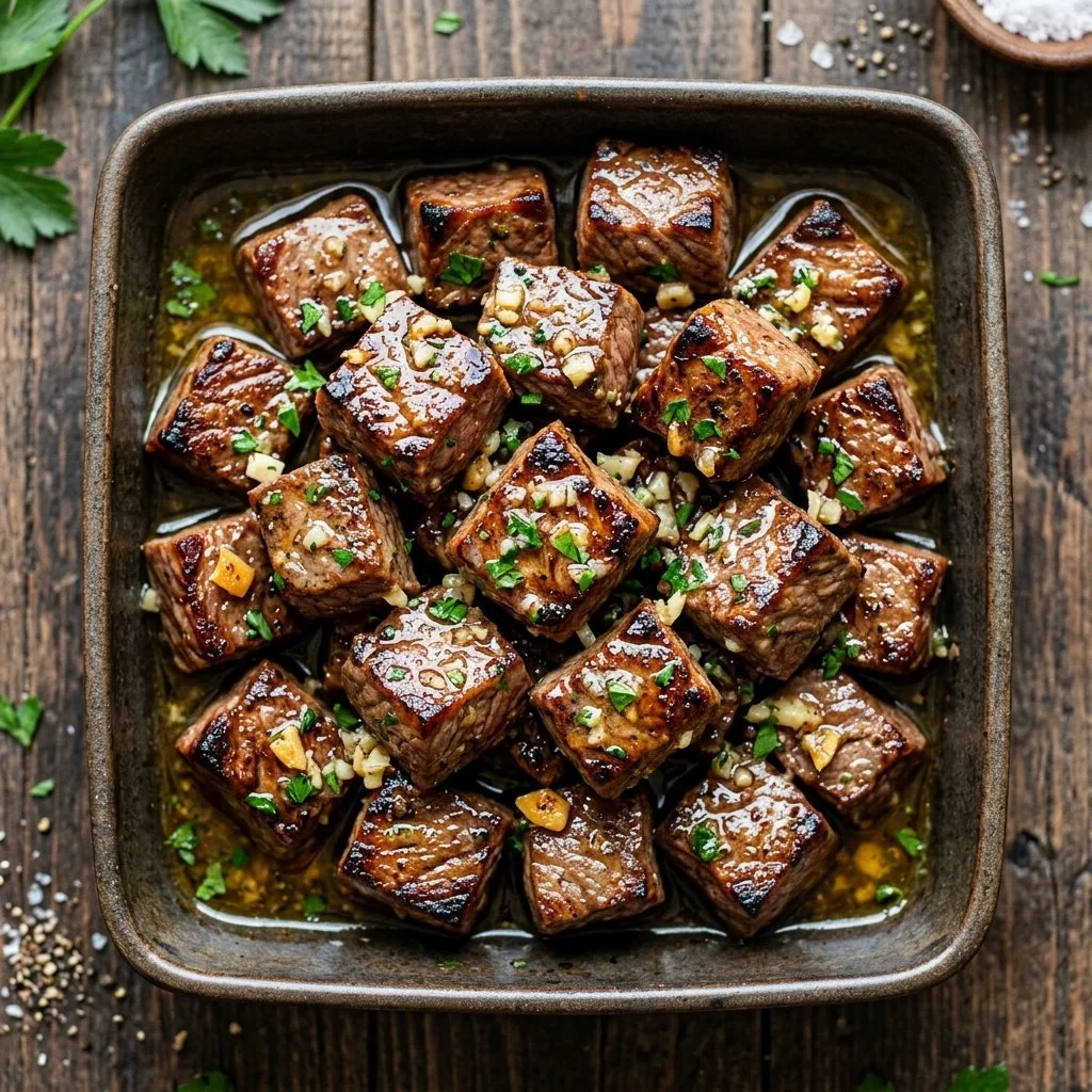 Delicious garlic butter steak bites on a wooden platter