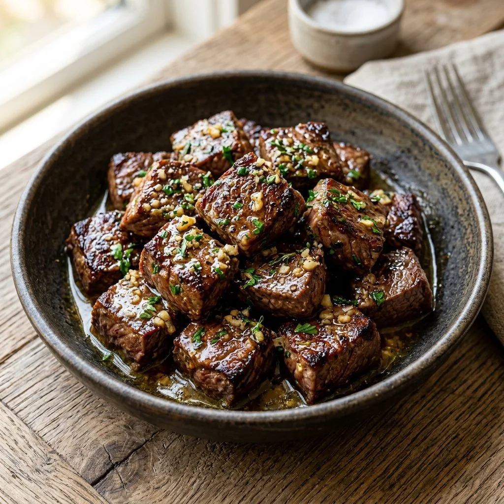Delicious garlic butter steak bites served in a skillet.
