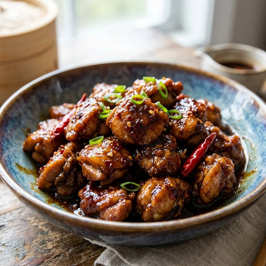 Delicious plate of General Tso's Chicken garnished with vegetables