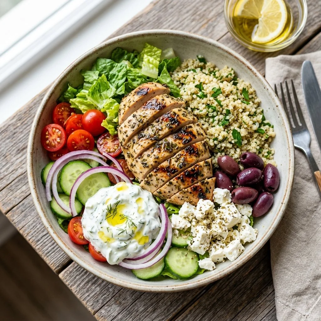 Delicious Greek chicken bowl topped with vegetables and dressing