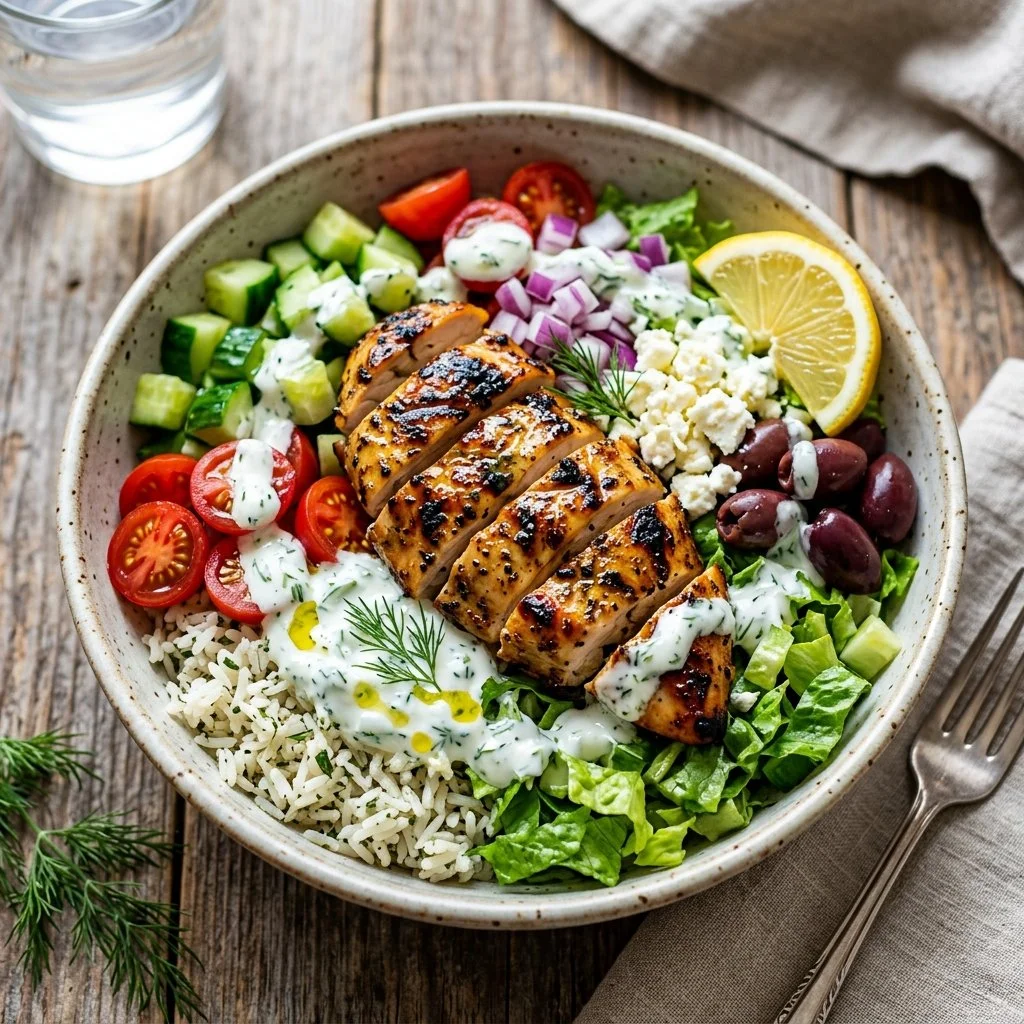 Delicious Greek Chicken Bowl with fresh vegetables and herbs