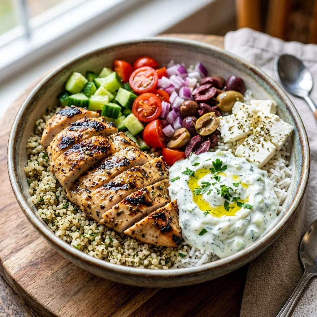 Delicious Greek Chicken Bowl served with fresh vegetables and herbs