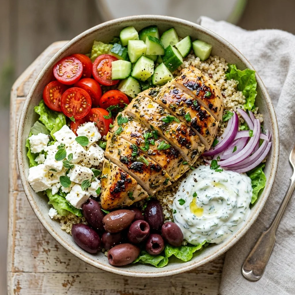 Delicious Greek Chicken Power Bowls with fresh vegetables and grains